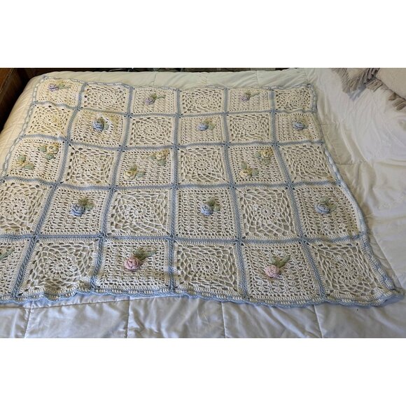 Handmade Crochet Wool Throw Blanket 47x57 3D Floral Squares Blue Border Cottage - Picture 2 of 16